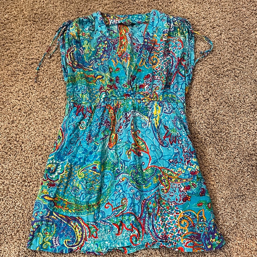 Ralph Lauren Turquoise Paisley V-Neck Mini Dress Swimsuit Cover up with pockets